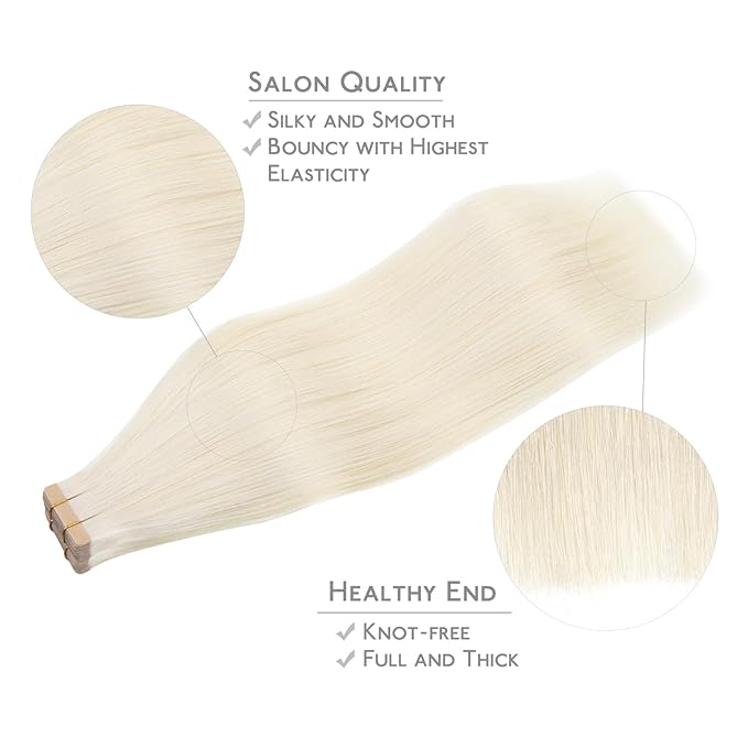 WENNALIFE Tape in Hair Extensions Human Hair, 20pcs 60g 26 inch White Blonde Remy Hair Extensions Straight Human Hair Tape in Extensions Skin Weft Tape Extensions Human Hair