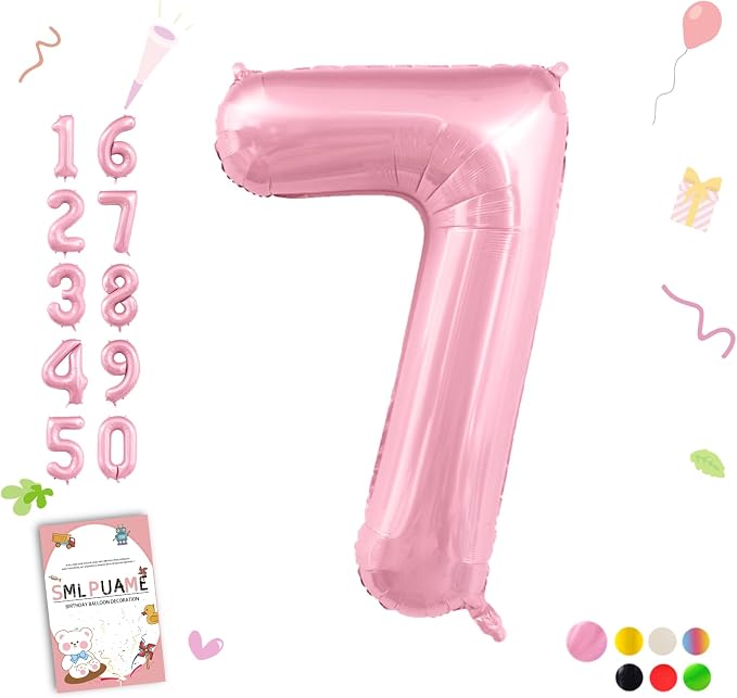 Pastel Pink 7 Balloons, 40 Inch Large Light Pink Foil Number Balloons 0-10 by Smlpuame