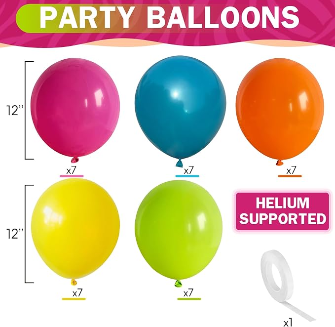 HILAVO Tropical Balloons 12 Inch Summer Hawaiian Hot Pink Orange Teal Yellow - Image 2