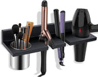 Hair Tool Organizer Wall Mounted - Wooden Dryer Holder, Blow Dryer Holder for Bathroom, Rustic Styling Tools Organizer for Flat Iron, Curling Wand, Hair Straighteners, Brushes, Black
