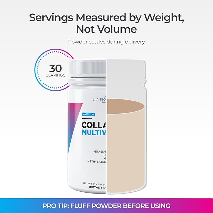 Livingood Daily Collagen Powder for Women and Men, Vanilla, Grass Fed Protein, Hydrolyzed Collagen Peptides with Vitamin C & Multi Vitamins for Hair, Skin, Nail & Gut Health, Gluten Free, 30 Servings