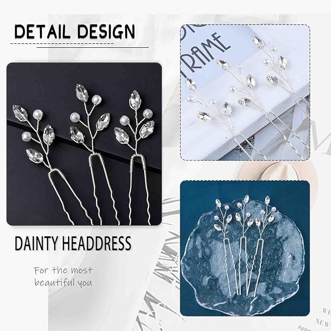 3 Pieces Pearl Crystal Bridal Hairpins Silver rhinestone wedding hairpins headpiece Tiny Pearl Hair Pins Decorative Prom Accessory for Women Wedding Hairstyles