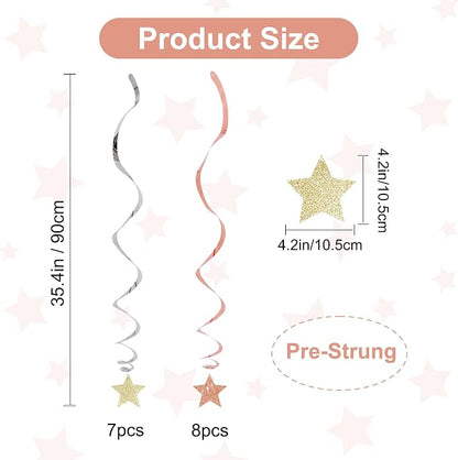 BEISHIDA Rose Gold and Silver Glitter Stars Hanging Swirls Pre-Strung Hanging - Image 2