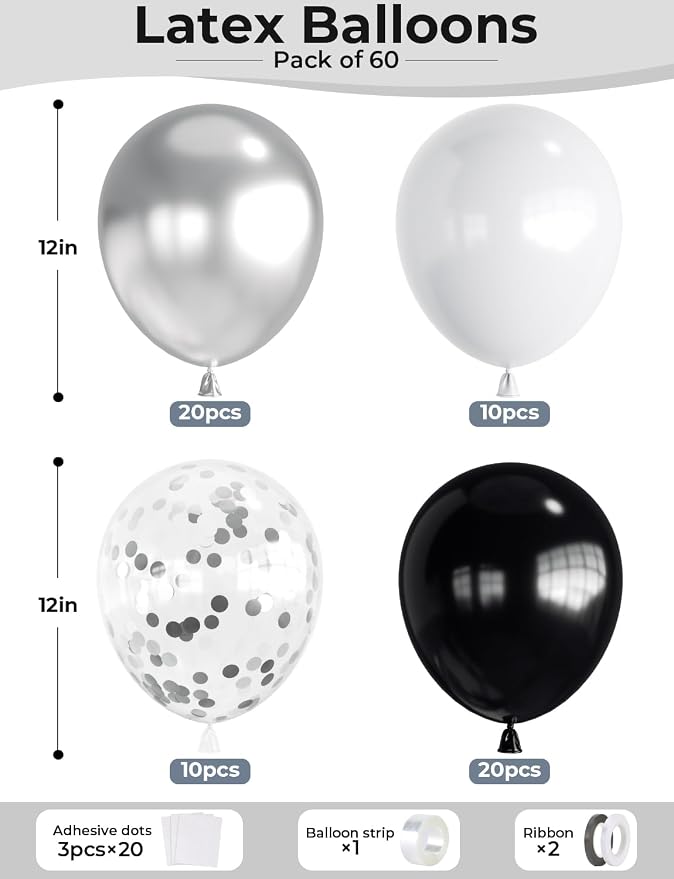 Black and Silver Balloons, Birthday Party Decor | Silver Black White & Confetti - Image 4
