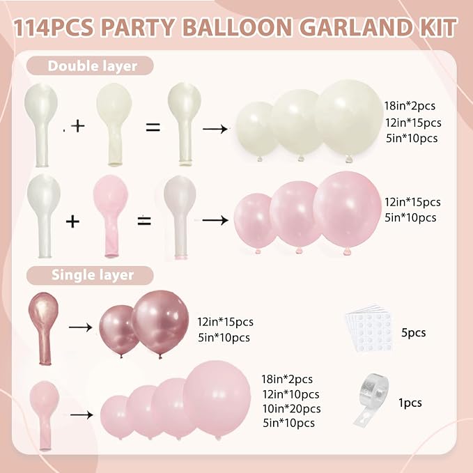 Pink and White Balloons Arch Kit, Double Stuffed, Party | Pearl Light Pink - Image 2