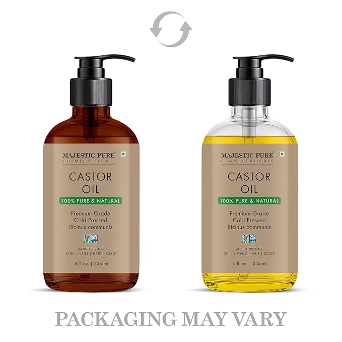 Majestic Pure Castor Oil with Glass Bottle - 100% Pure & Natural - Premium Grade, Cold Pressed, Hexane Free - Hair, Eyelashes, Eyebrows, Nails - Moisturizing & Nourishing - 8 Fl Oz