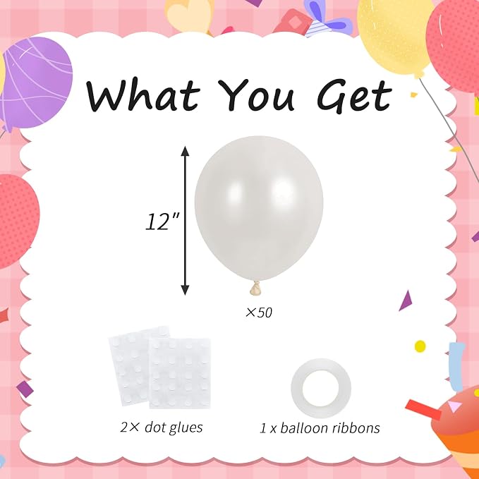 50pcs 12 Inch Pearl White Latex Balloons | Premium Pearl Balloon Kit - Image 2