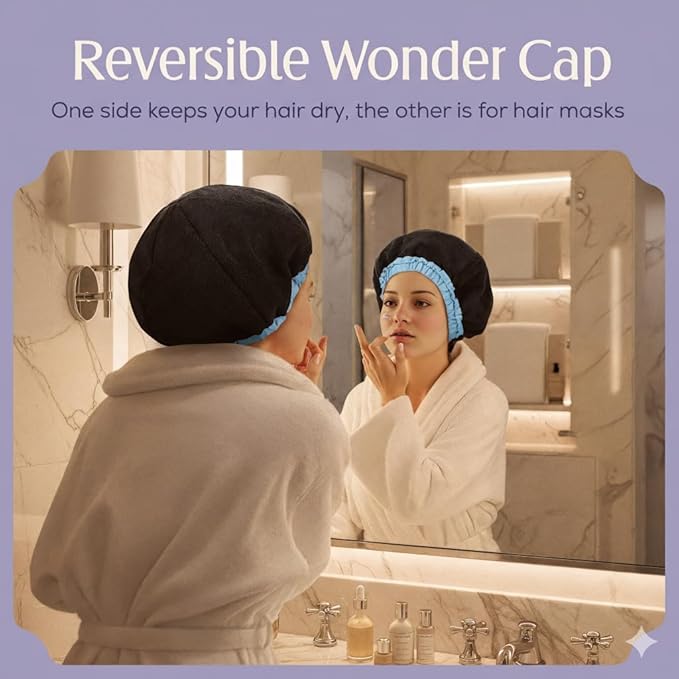 Premium Shower Cap for Women - 1000+ Showers, 100% Waterproof, Double-Sided, Large Shower Cap For Long Hair & Great For Curls (Anti-Frizz Terry Cloth Lining) (Sky Blue)