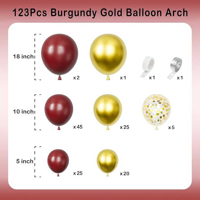 Burgundy Gold Balloons Arch Garland Kit-123Pcs Metallic Confetti Balloons - Image 2