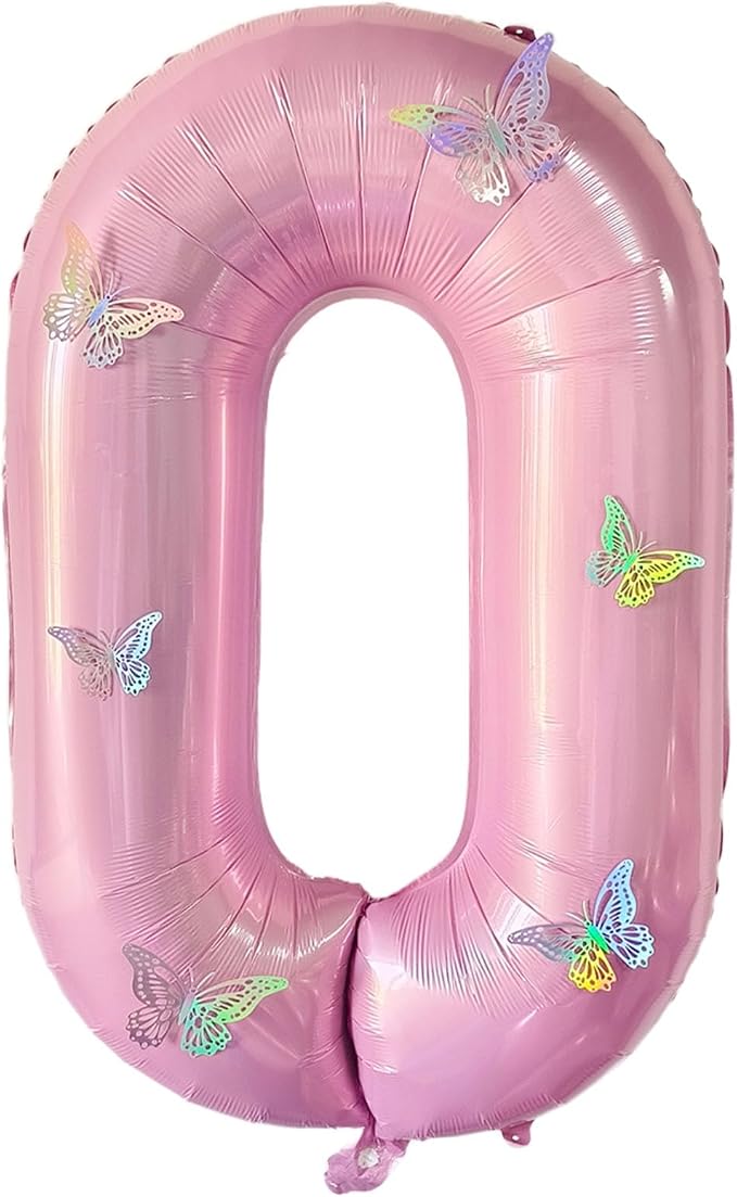 40 Inch Number Balloon Pink Large Mylar Foil Pink Number Balloons and Butterfly by GLASNES