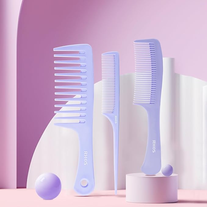 RHOS Hair Comb Set for All Hair Types and Genders - Wide, Fine Rat Tail, and Medium Detangling Combs for Styling (Purple)