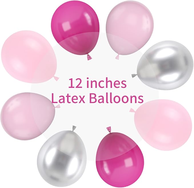 Pink and Silver Balloons, 12 Inch Hot Pink Pastel Latex Balloon Metallic Chrome - Image 2