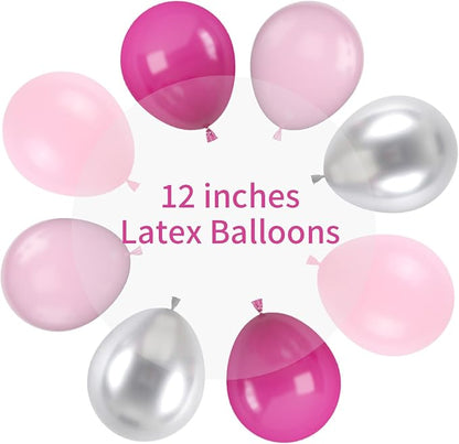 Pink and Silver Balloons, 12 Inch Hot Pink Pastel Latex Balloon Metallic Chrome - Image 2