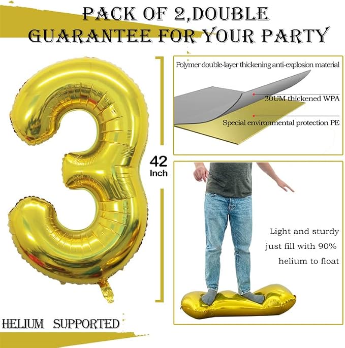 Gold Foil Balloons Number 3, Huge Number Balloons - Image 3