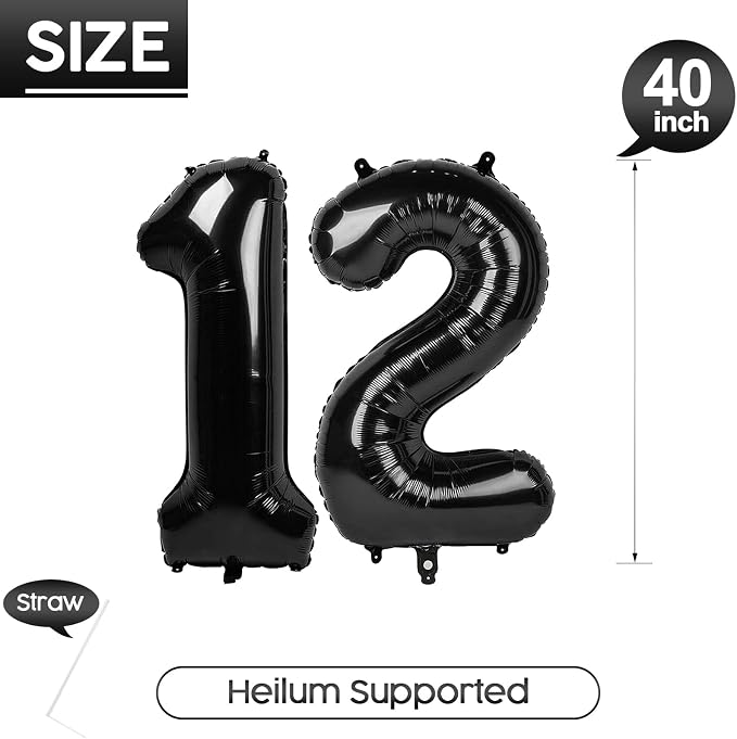 12 Balloon - Black Birthday Number Balloons, 40 Inch Decorations Men Women | - Image 5