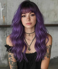 Purple Hair Wavy Wigs With Bangs For Women Synthetic Purple Wigs For Daily Use Everyday Wear.