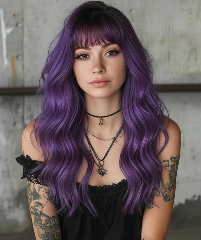 Purple Hair Wavy Wigs With Bangs For Women Synthetic Purple Wigs For Daily Use Everyday Wear.