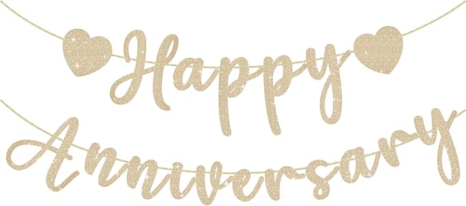 Happy Anniversary Banner, Pre-Strung Gold Glitter Wedding Anniversary by SerpizePaty