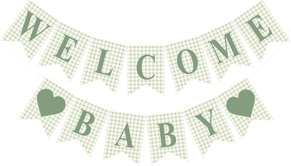 Hahafelt 1 Pcs Sage Green Gingham Welcome Baby Banner by Hahafelt