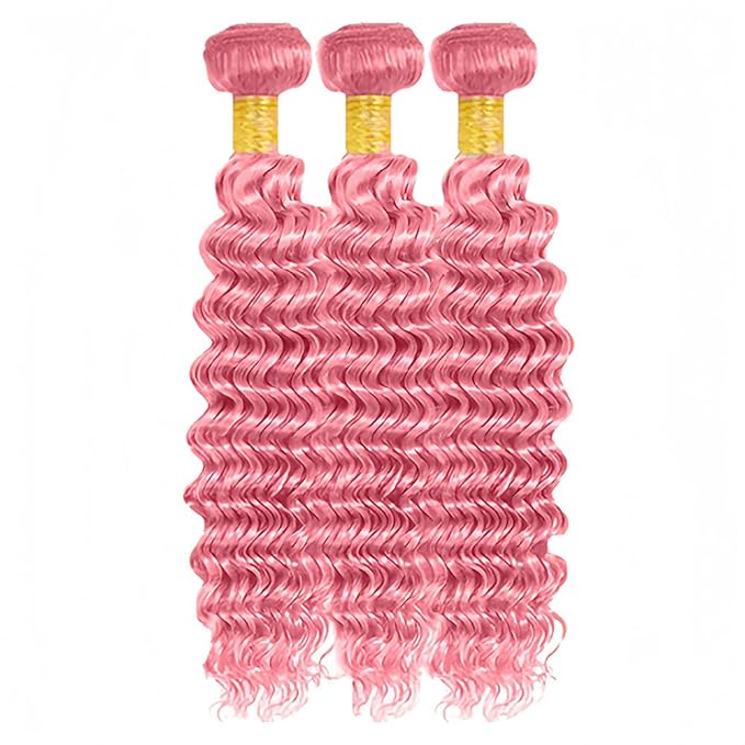 30 32 34 Inch Pink Bundles Human Hair Pink Deep Wave Bundles Niegmeag Peruvian Virgin Remy Hair Extensions Double Weft Soft and Skily Bundle