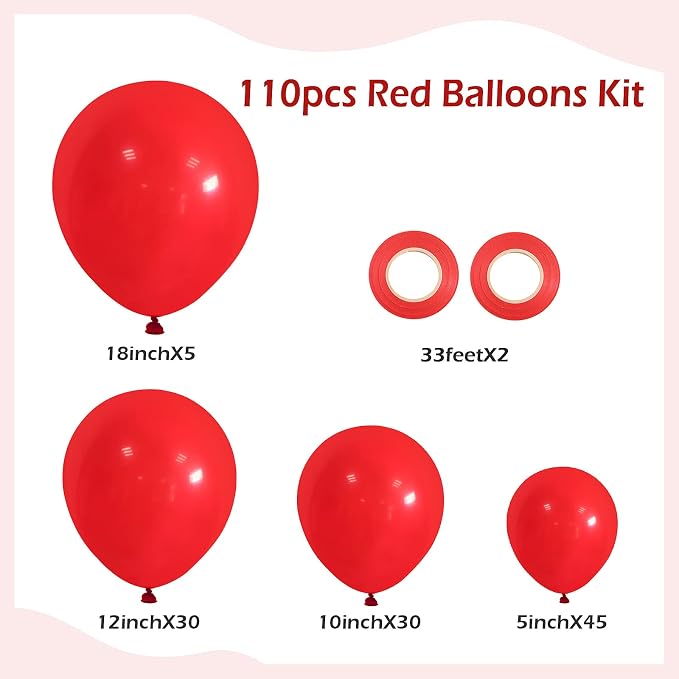 FOTIOMRG 110pcs Red Balloon Garland Arch Kit, 18 12 10 5 inch Red Latex - Image 2