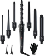 7 in 1 Curling Wand Set: Ohuhu Curling Iron Wand 7Pcs 0.35 to 1.25 Inch Interchangeable Ceramic Barrel Heat Protective Glove 2 Clips Dual Voltage Hair Curler Girl Women Mother Christmas Gift Black