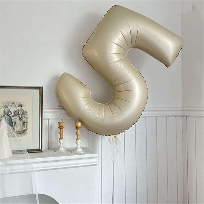 Beige Number 5 Balloon for Girls Boys, 40 Inch Large Cream Number 0-9 Foil - Image 4