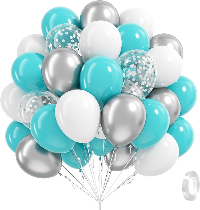 60pcs Teal Silver and White Balloons 12inch by Leraqertra