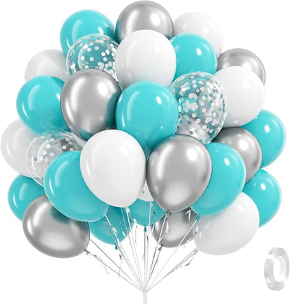 60pcs Teal Silver and White Balloons 12inch by Leraqertra