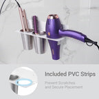 Hair Tool Organizer Wall Mount, Stainless Steel Hair Tool Holder with 2 Heat-Resistant Cups, Curling Iron Holder for Vanity, Hot Tools Organizer with PVC Ring,Hair Dryer Holder for Bathroom