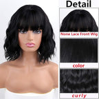 MISSQUEEN Short Wavy Black Wig with Bangs, Short Black Bob Wigs for Women, Wavy Bob Wig with Bangs Synthetic Natural Looking Heat Resistant Fiber Wigs