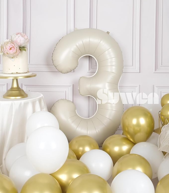SUWEN 40 Inch Cream White Large 3 Number Balloons Big Foil Helium Number - Image 2