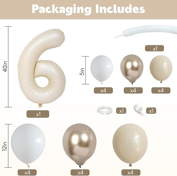 40 Inch Cream Number 6 Birthday Balloon Beige White Sand Number Six Foil - Image 2