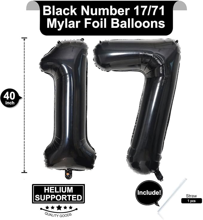 40 Inch Black 17 Number Balloons Giant 17 Balloons Black Birthday Balloons 17th - Image 2