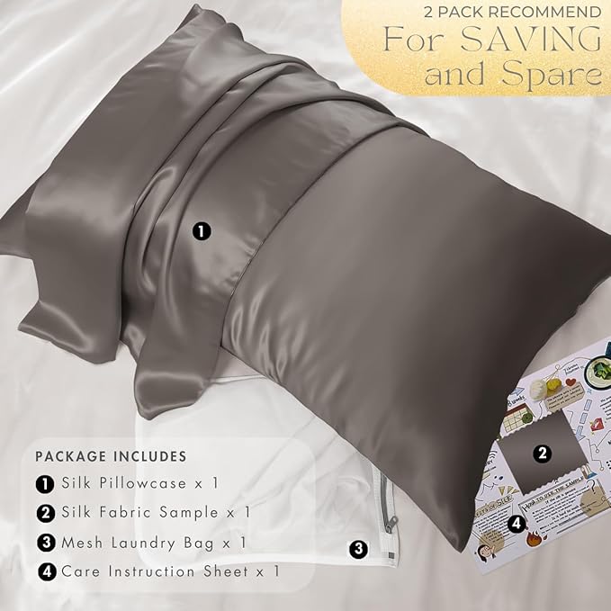PROMEED Grey Silk Pillowcase Standard Size - Both Sides 23 Momme Grade 6A+Mulberry Silk Pillow Case Covers for Hair and Skin, Soft and Acne Free (Standard 20"x26", Grey)