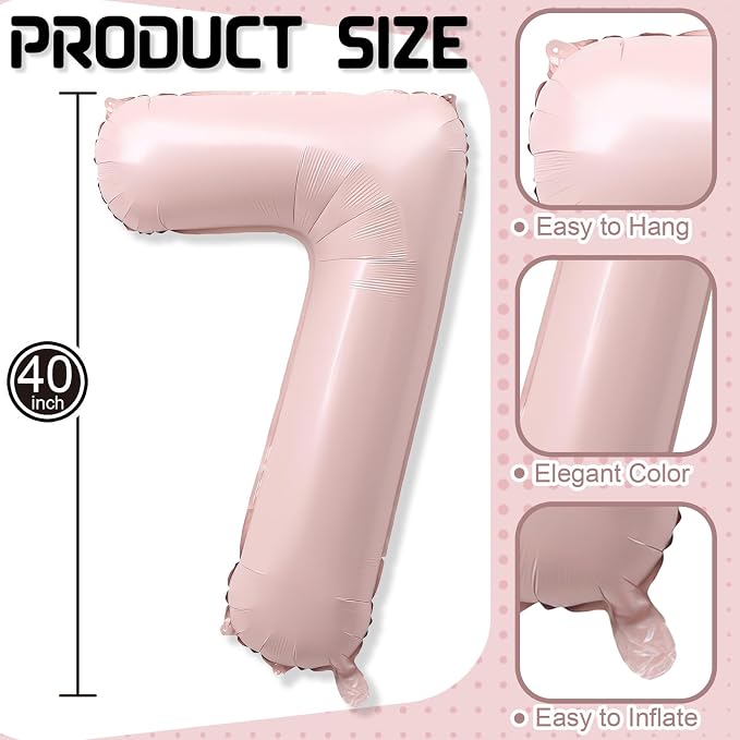 7th Birthday Balloons for Girls, Pastel Dusty Blush Pink Large Mylar 7 Balloon - Image 2
