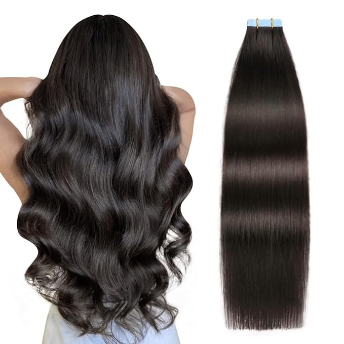 SUYYA Tape in Hair Extensions Human Hair 100% Remy Human Hair Natural Black 50g/pack 20pcs Straight Seamless Skin Weft Tape Hair Extensions(24 inches #1B Off Black)
