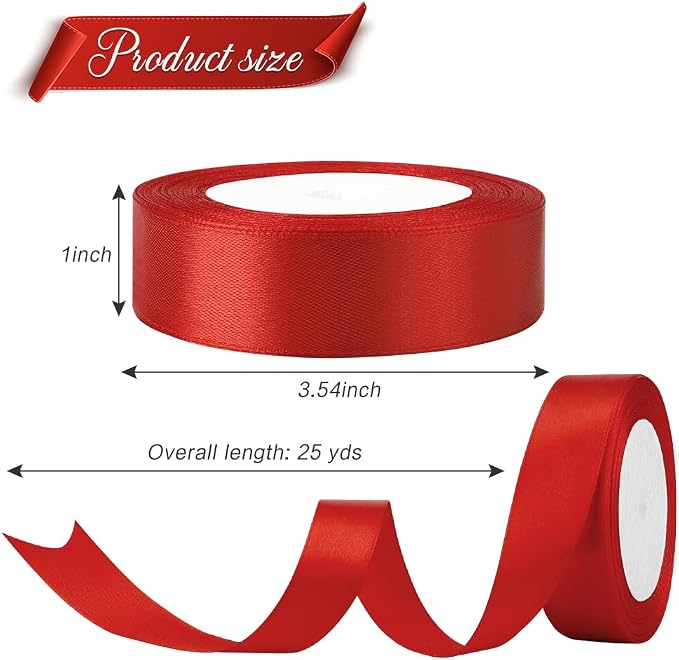 Red Satin Ribbon 1 inch 25 Yards Red Ribbon Week Fabric Silk Ribbons - Image 2