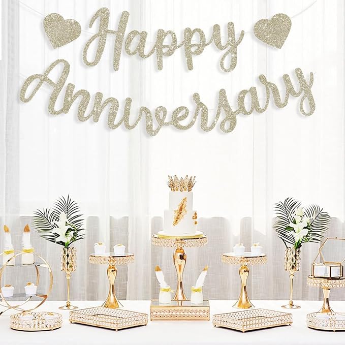 BEISHIDA Pre-Strung Champagne Happy Anniversary Banner Wedding Decor | Glitter - Image 5