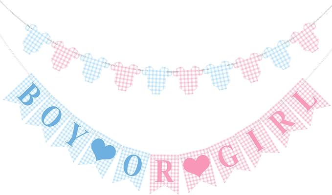Hahafelt 1 Pcs Blue Pink Gingham Boy or Girl Clothesline Bodysuit Banner by Hahafelt