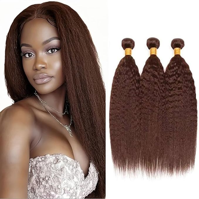 Chocolate Brown Bundles Human Hair Color 4 Kinky Straight Bundle Brazilian Virgin Remy Hair 3 Bundles 22 22 22 Inch Niegmeag Double Weft Brown Yaki Straight Bundle Hair Weave 300g
