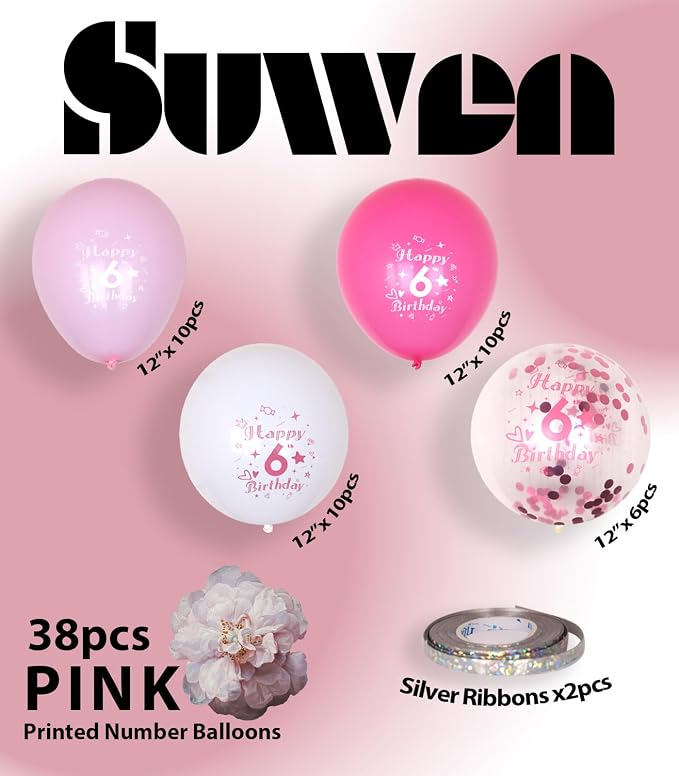 SUWEN Pink 6th Number Printed Balloons 38PCS 12 Inch | 1-9 Latex Balloons Happy - Image 5