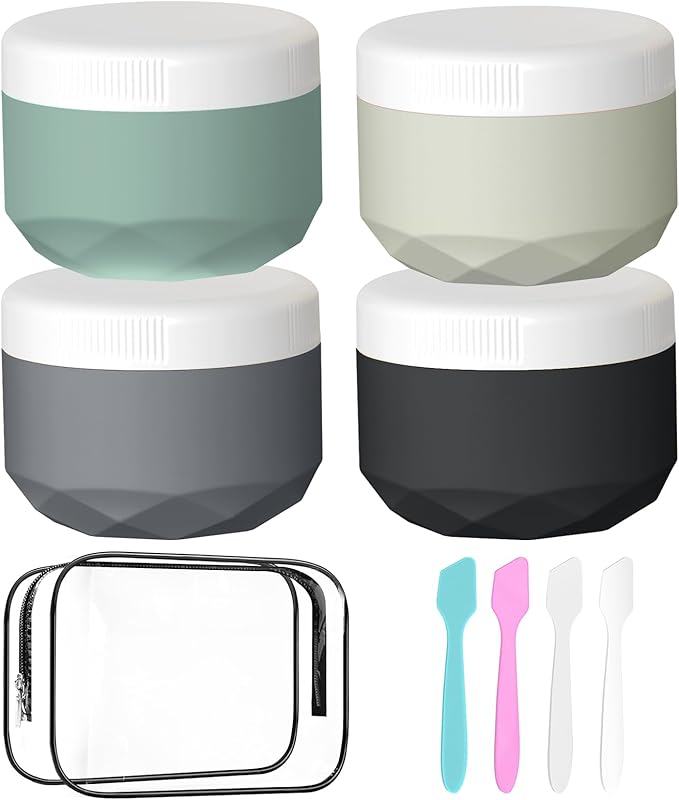 Travel Containers for Toiletries, 4-Pack TSA Approved Silicone Jars (1oz) - BPA Free Leakproof Cosmetic Containers for Creams, Lotion, Skincare & Makeup with Bonus Waterproof Bag-Mix Grey