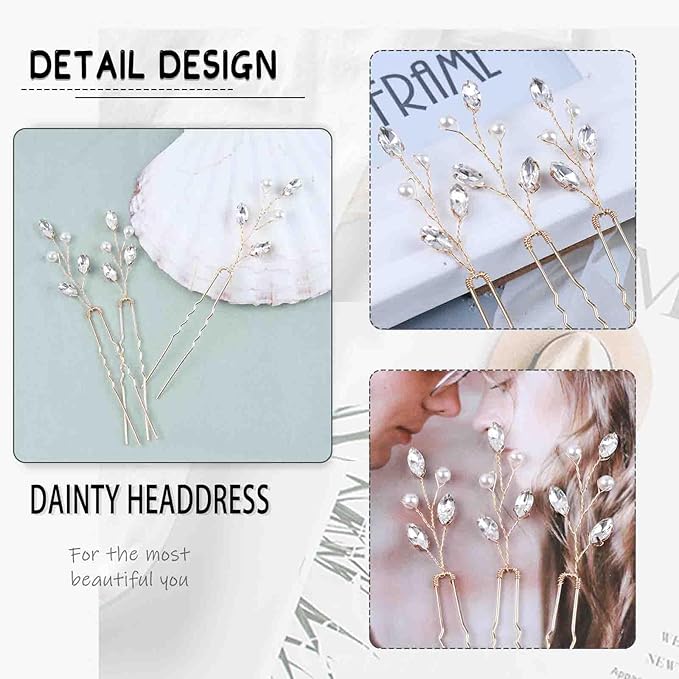 3 Pieces Pearl Crystal Bridal Hairpins Gold rhinestone wedding hairpins headpiece Tiny Pearl Hair Pins Decorative Prom Accessory for Women Wedding Hairstyles