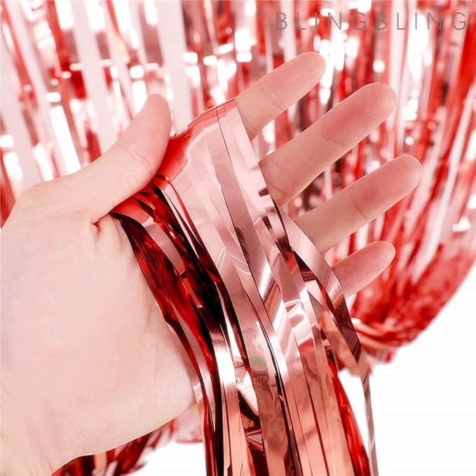 2 Pcs 3.2ft x 8.2ft Shiny Rose Gold Metallic Tinsel Foil Fringe Curtains Photo - Image 3