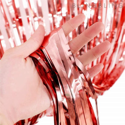 2 Pcs 3.2ft x 8.2ft Shiny Rose Gold Metallic Tinsel Foil Fringe Curtains Photo - Image 3