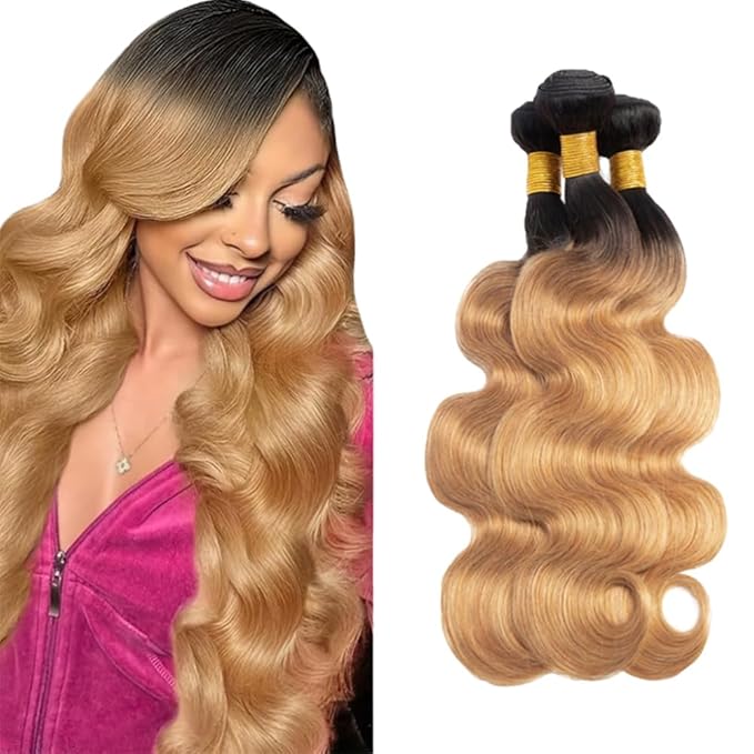 Honey Blonde Bundles Human Hair Ombre Body Wave Bundle Brazilian Virgin Remy Hair 3 Bundles 26 28 30 Inch Double Weft 2 Tone Black and Blonde Body Wave Bundle Hair Weave 150g