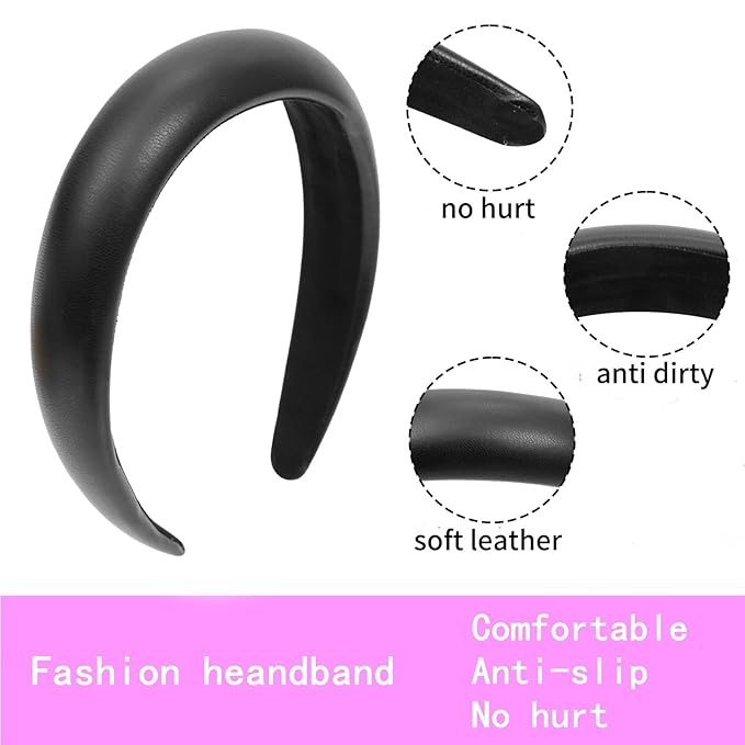 Black Wide Headband for Women Soft Leather Padded Headband Fashion Dressy Head Band High Elastic Comfortable Hairband Hair Accessories for Womens Hair