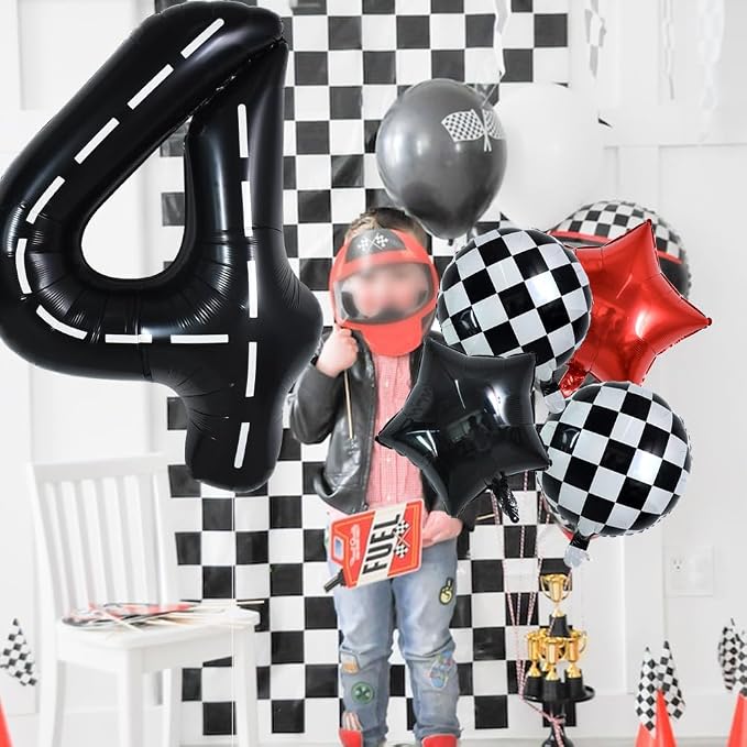 TONIFUL 40 Inch Race Car 4th Birthday Balloons Racetrack Number 4 Black & White - Image 4