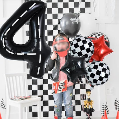 TONIFUL 40 Inch Race Car 4th Birthday Balloons Racetrack Number 4 Black & White - Image 4